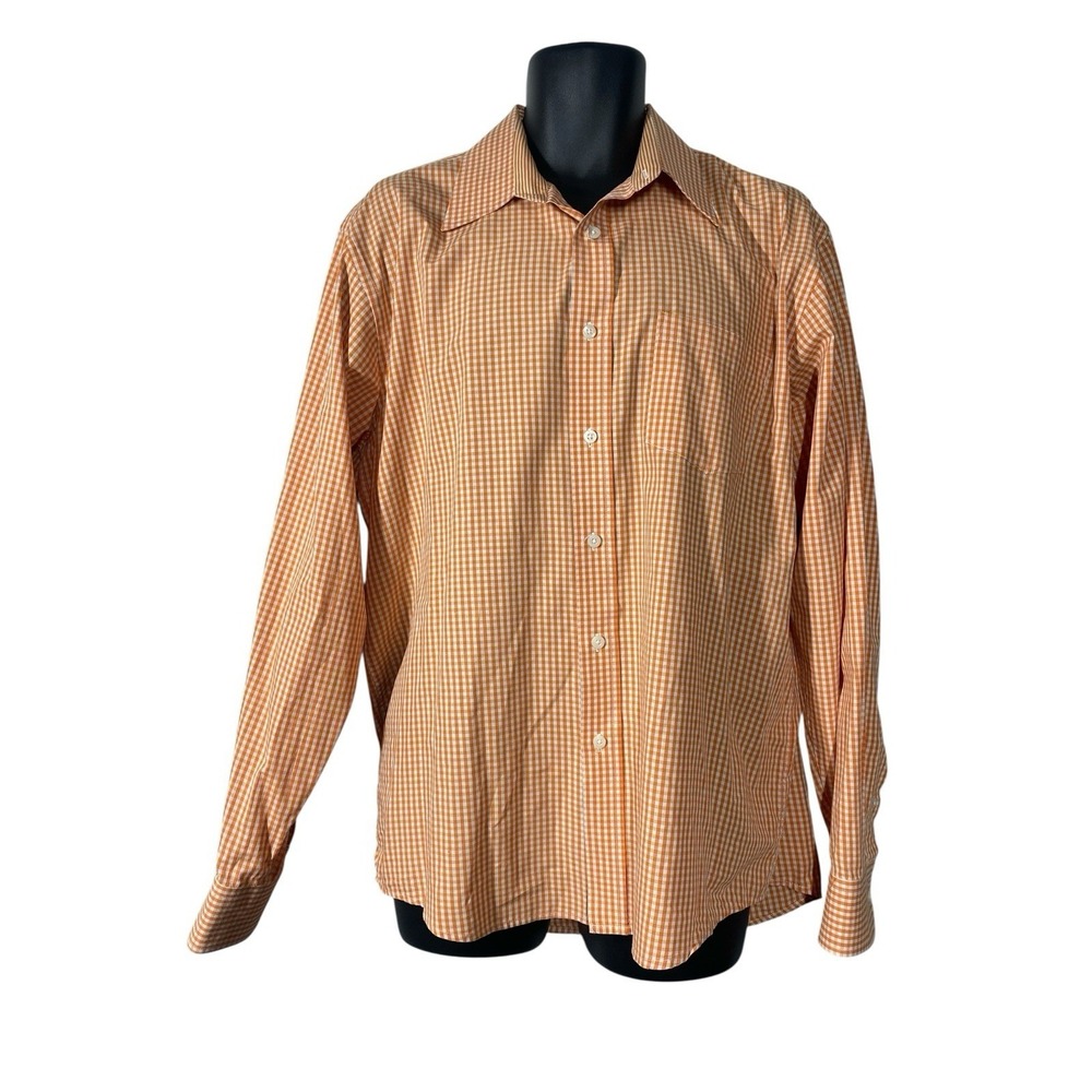 James Tattersall Orange White Checkered‎ Button Up Long Sleeve Shirt Men's XL